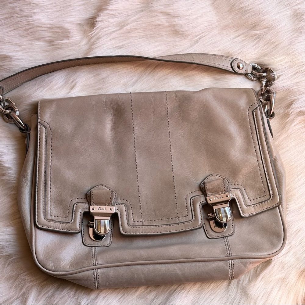 Coach Tan Shoulder Bag with Matte Leather and Decorative Buckles/17925